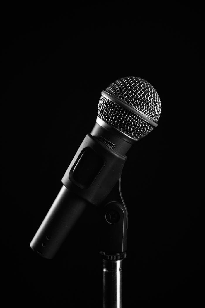 Home Studio shot of a microphone on a stand with a black background, ideal for audio and music concepts.
